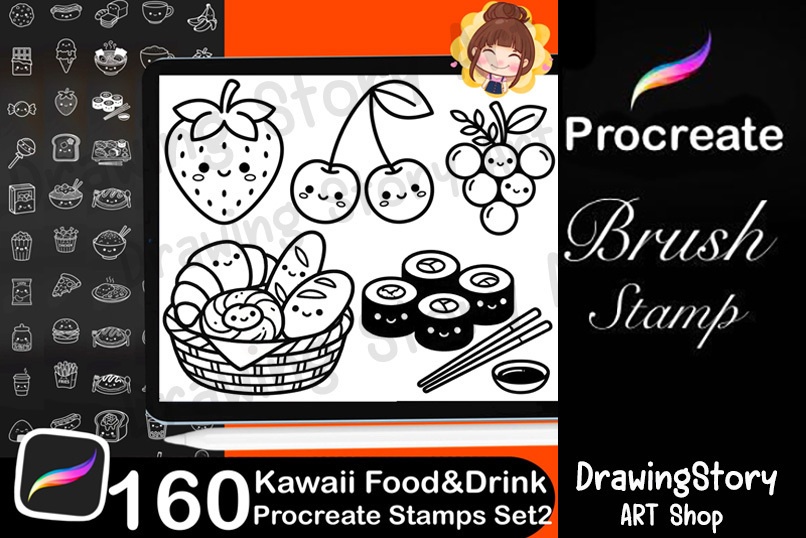160 Kawaii Food & Drink Procreate Stamp Brushes Set2 | Cute Planner Food Icons Set2 | Kawaii Dessert Coffee Stamps Set2