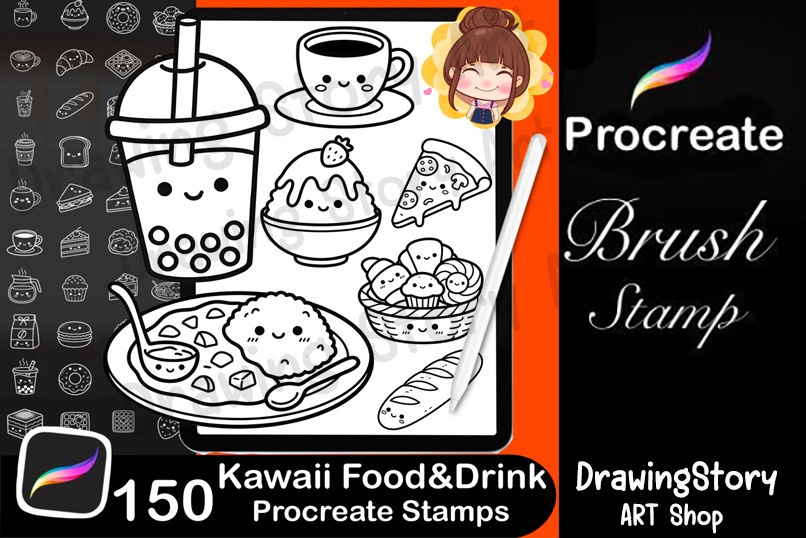 150 Kawaii Food Drink Procreate Stamps | Planner Icons, Dessert Coffee Brushes (Digital Download)