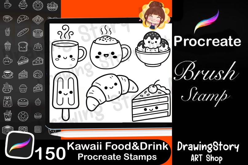 150 Kawaii Food Drink Procreate Stamps | Planner Icons, Dessert Coffee Brushes (Digital Download)