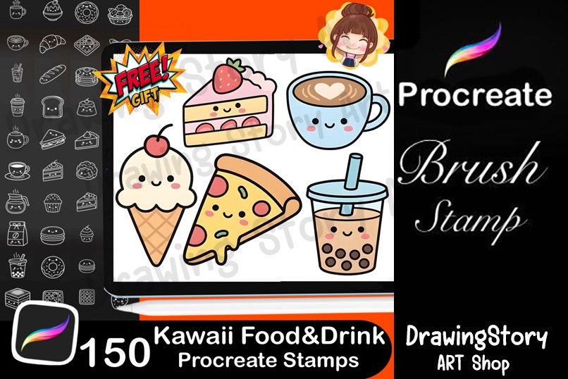 150 Kawaii Food Drink Procreate Stamps | Planner Icons, Dessert Coffee Brushes (Digital Download)
