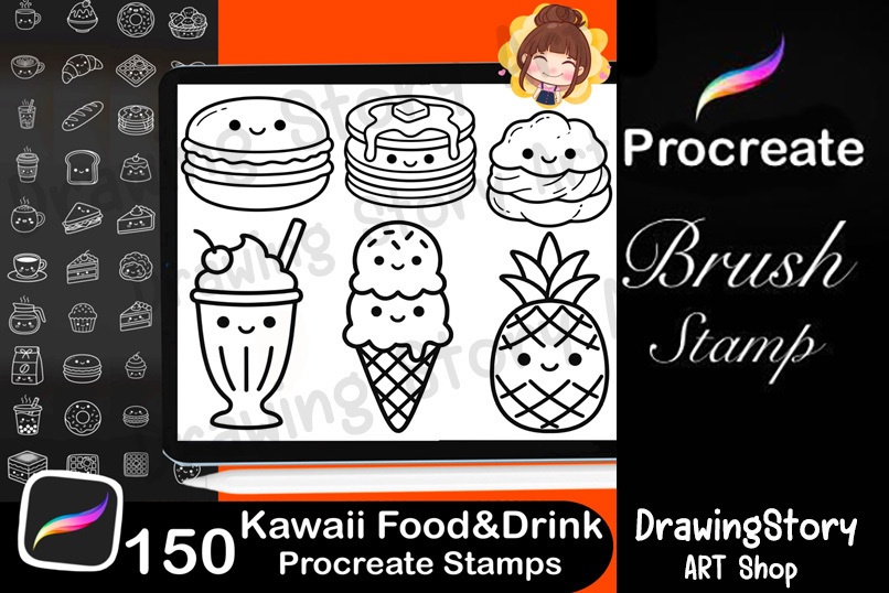 150 Kawaii Food Drink Procreate Stamps | Planner Icons, Dessert Coffee Brushes (Digital Download)