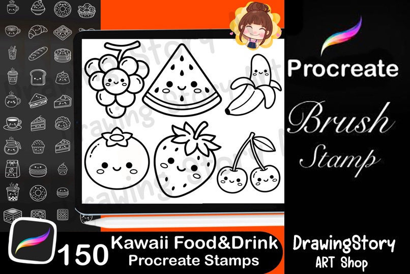 150 Kawaii Food Drink Procreate Stamps | Planner Icons, Dessert Coffee Brushes (Digital Download)