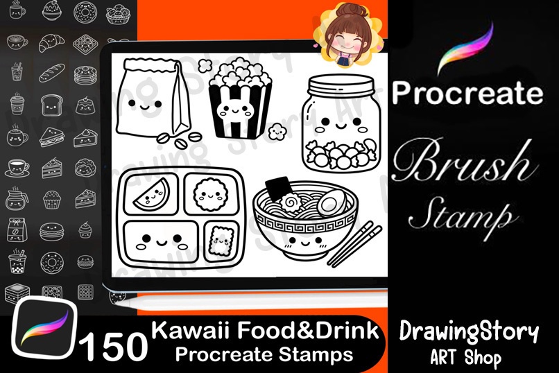 150 Kawaii Food Drink Procreate Stamps | Planner Icons, Dessert Coffee Brushes (Digital Download)