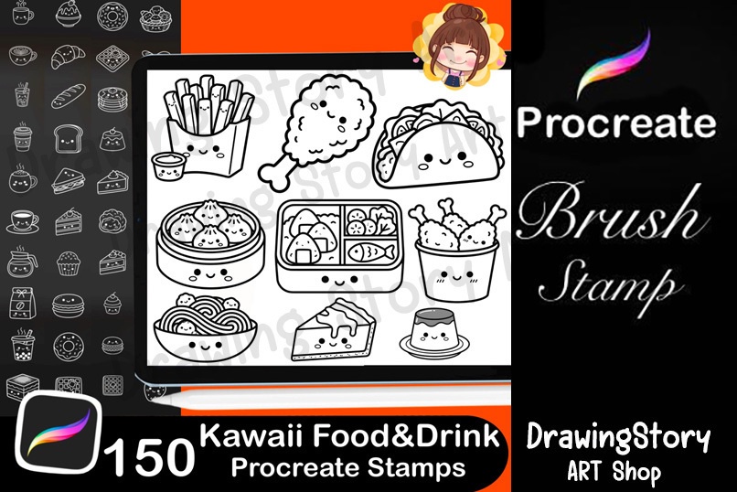 150 Kawaii Food Drink Procreate Stamps | Planner Icons, Dessert Coffee Brushes (Digital Download)