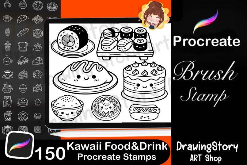 150 Kawaii Food Drink Procreate Stamps | Planner Icons, Dessert Coffee Brushes (Digital Download)