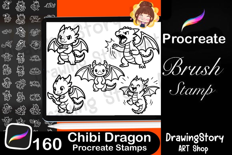 160 Dragon Stamp Pack for Procreate | Fantasy Dragon Creator Brushes | Chibi & RPG Dragon Drawing Tool | 160 Dragon Stamps