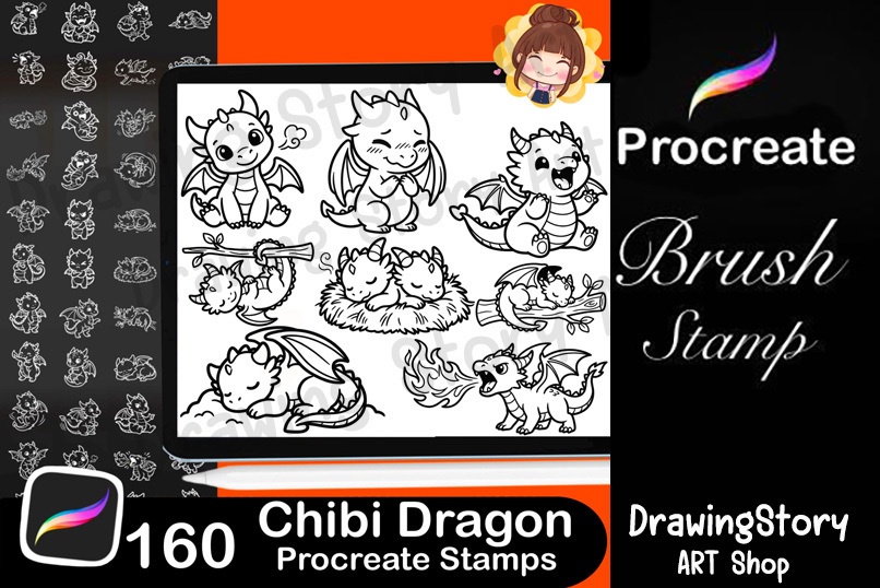 160 Dragon Stamp Pack for Procreate | Fantasy Dragon Creator Brushes | Chibi & RPG Dragon Drawing Tool | 160 Dragon Stamps