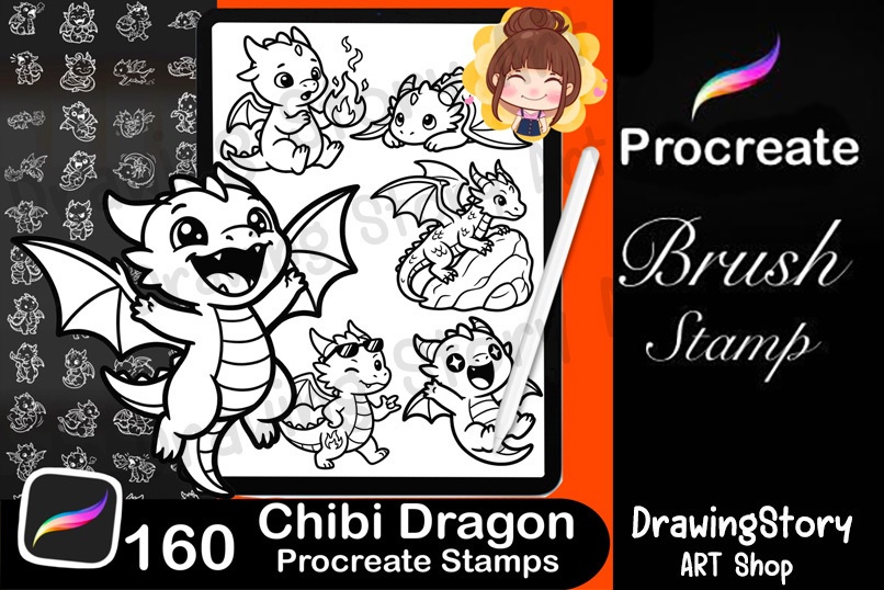 160 Dragon Stamp Pack for Procreate | Fantasy Dragon Creator Brushes | Chibi & RPG Dragon Drawing Tool | 160 Dragon Stamps