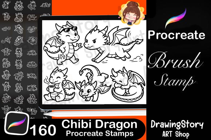 160 Dragon Stamp Pack for Procreate | Fantasy Dragon Creator Brushes | Chibi & RPG Dragon Drawing Tool | 160 Dragon Stamps
