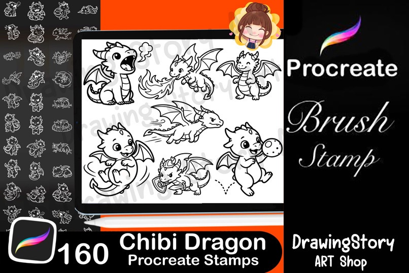 160 Dragon Stamp Pack for Procreate | Fantasy Dragon Creator Brushes | Chibi & RPG Dragon Drawing Tool | 160 Dragon Stamps