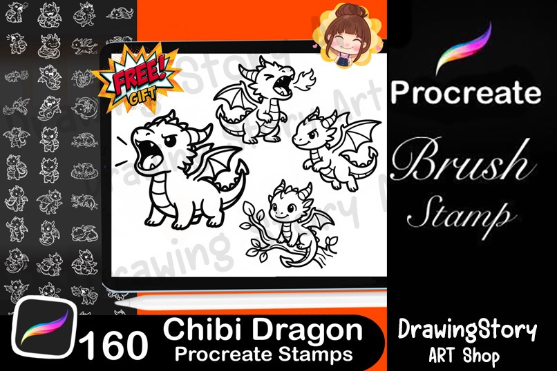 160 Dragon Stamp Pack for Procreate | Fantasy Dragon Creator Brushes | Chibi & RPG Dragon Drawing Tool | 160 Dragon Stamps