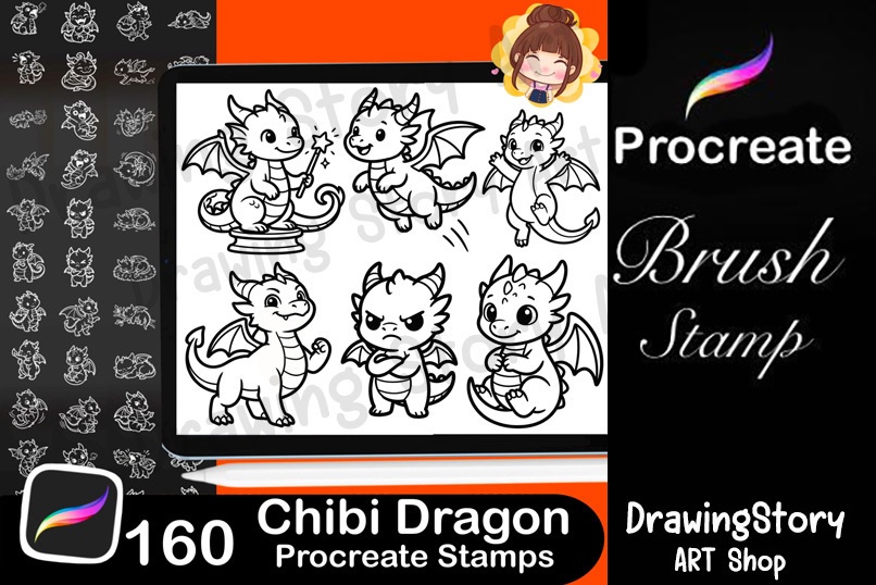 160 Dragon Stamp Pack for Procreate | Fantasy Dragon Creator Brushes | Chibi & RPG Dragon Drawing Tool | 160 Dragon Stamps