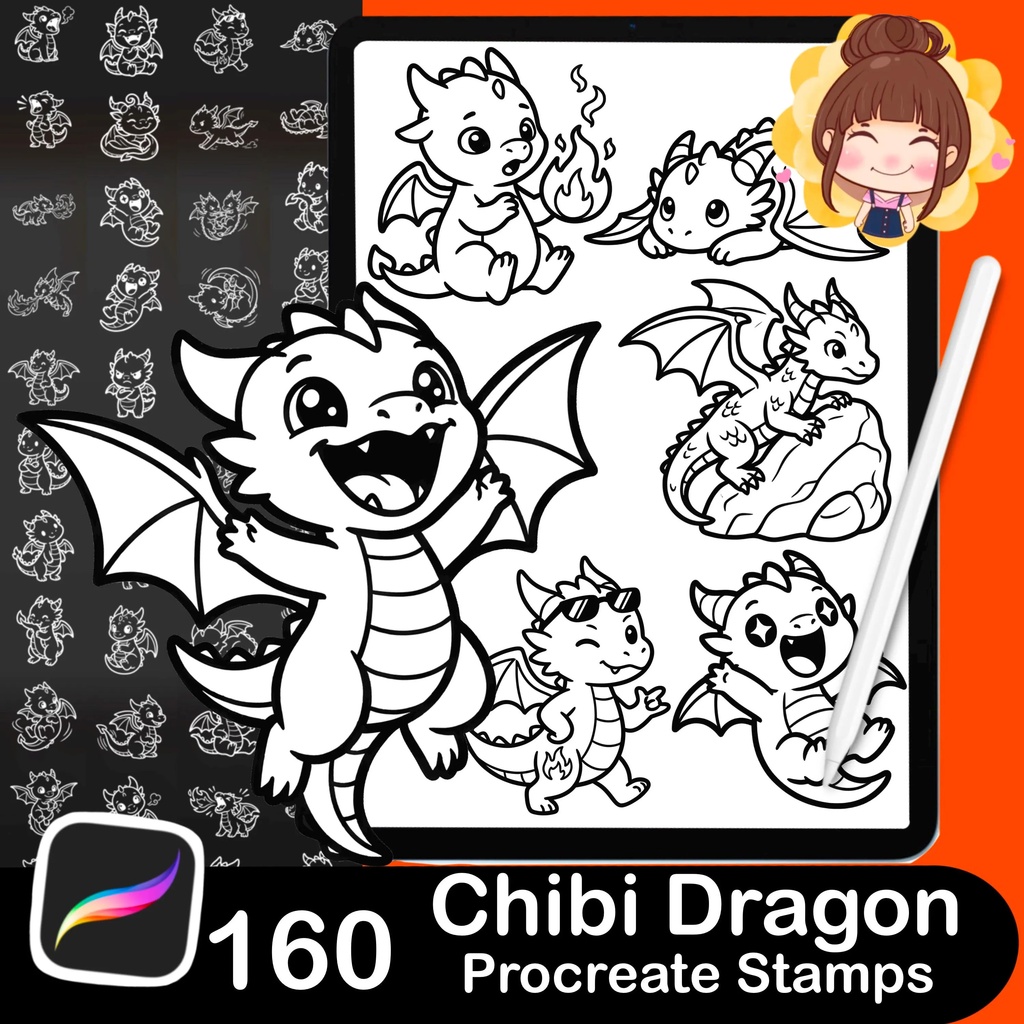 160 Dragon Stamp Pack for Procreate | Fantasy Dragon Creator Brushes | Chibi & RPG Dragon Drawing Tool | 160 Dragon Stamps