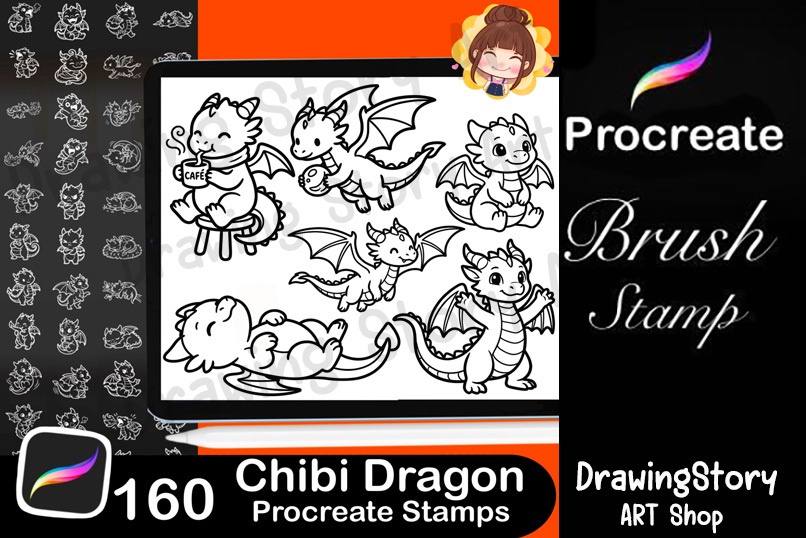 160 Dragon Stamp Pack for Procreate | Fantasy Dragon Creator Brushes | Chibi & RPG Dragon Drawing Tool | 160 Dragon Stamps