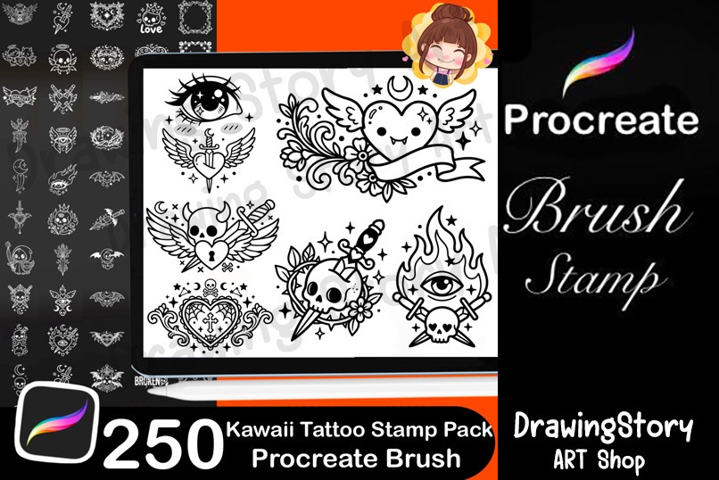 250 Kawaii Tattoo Stamps for Procreate | Gothic Flash Tattoo Pack (Digital Download)