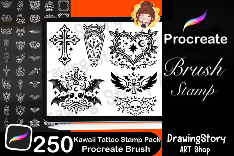 250 Kawaii Tattoo Stamps for Procreate | Gothic Flash Tattoo Pack (Digital Download)