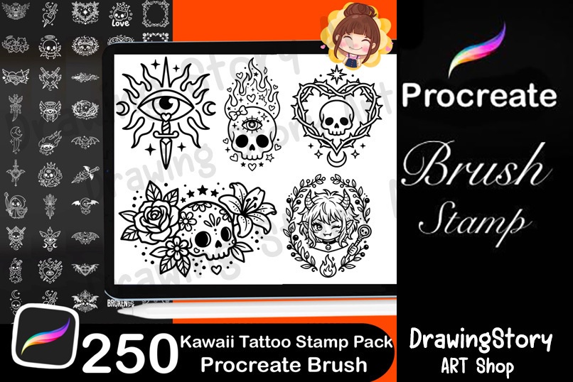 250 Kawaii Tattoo Stamps for Procreate | Gothic Flash Tattoo Pack (Digital Download)