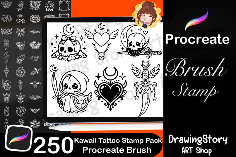 250 Kawaii Tattoo Stamps for Procreate | Gothic Flash Tattoo Pack (Digital Download)