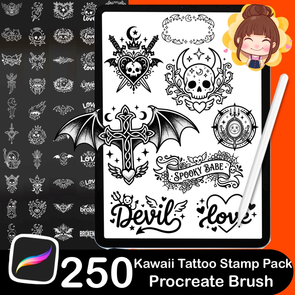 250 Kawaii Tattoo Stamps for Procreate | Gothic Flash Tattoo Pack (Digital Download)