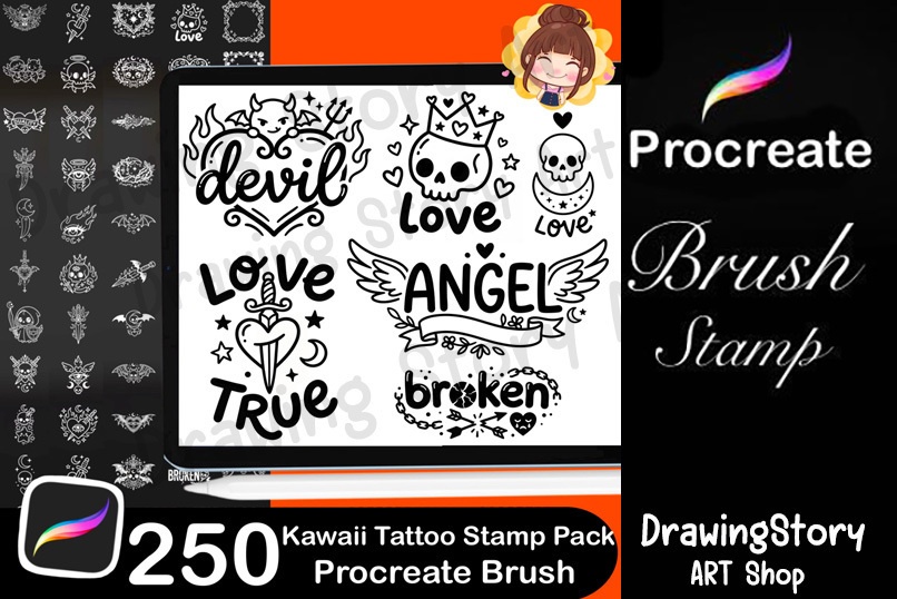 250 Kawaii Tattoo Stamps for Procreate | Gothic Flash Tattoo Pack (Digital Download)