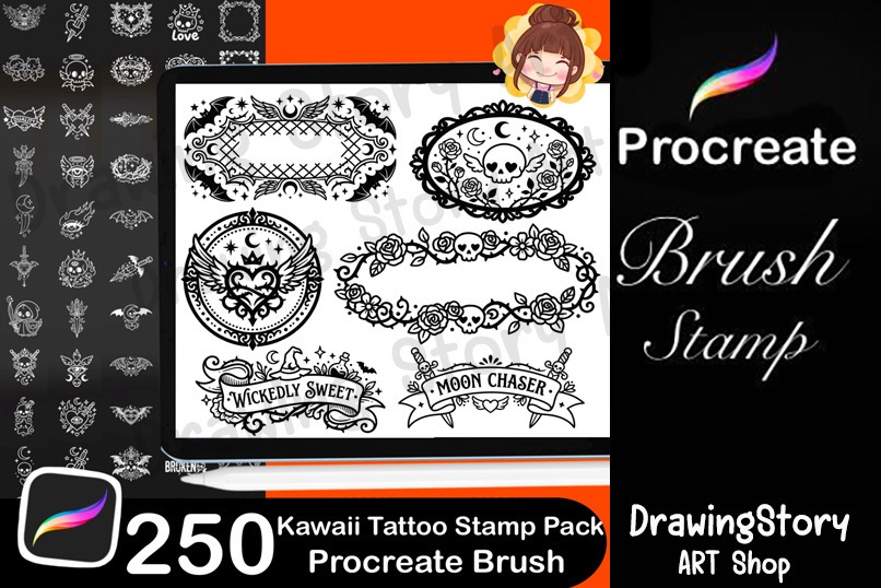 250 Kawaii Tattoo Stamps for Procreate | Gothic Flash Tattoo Pack (Digital Download)