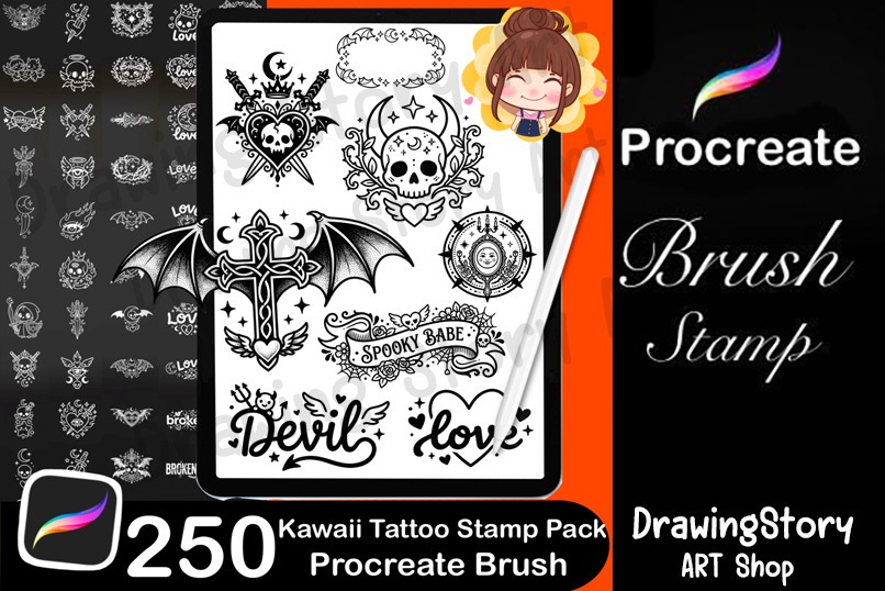 250 Kawaii Tattoo Stamps for Procreate | Gothic Flash Tattoo Pack (Digital Download)