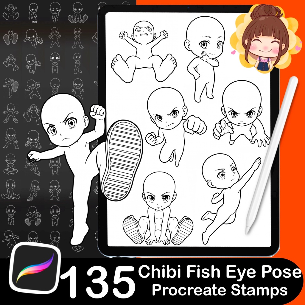 135 Chibi Fish Eye Pose Stamps for Procreate, Manga Anime Drawing Tool