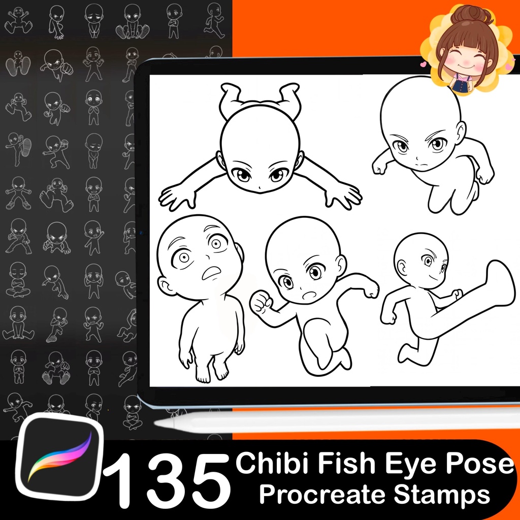 135 Chibi Fish Eye Pose Stamps for Procreate, Manga Anime Drawing Tool