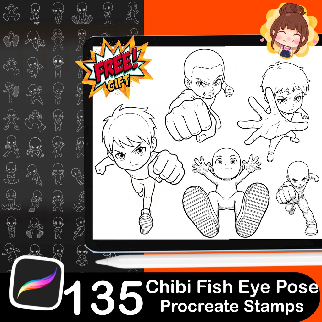 135 Chibi Fish Eye Pose Stamps for Procreate, Manga Anime Drawing Tool