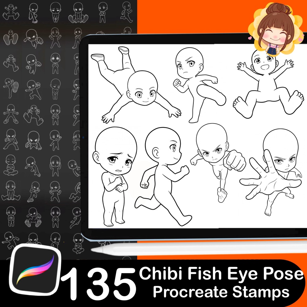 135 Chibi Fish Eye Pose Stamps for Procreate, Manga Anime Drawing Tool