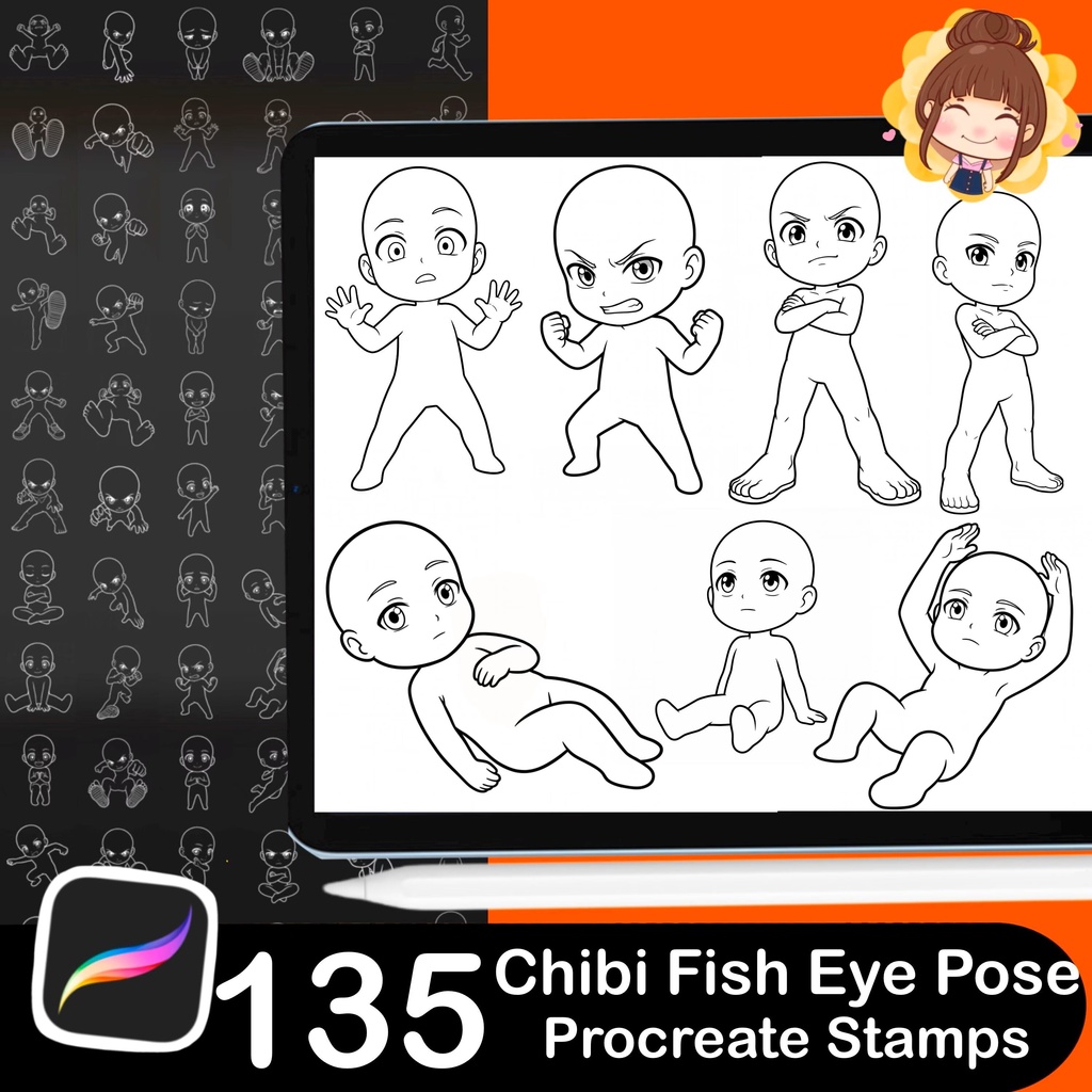 135 Chibi Fish Eye Pose Stamps for Procreate, Manga Anime Drawing Tool