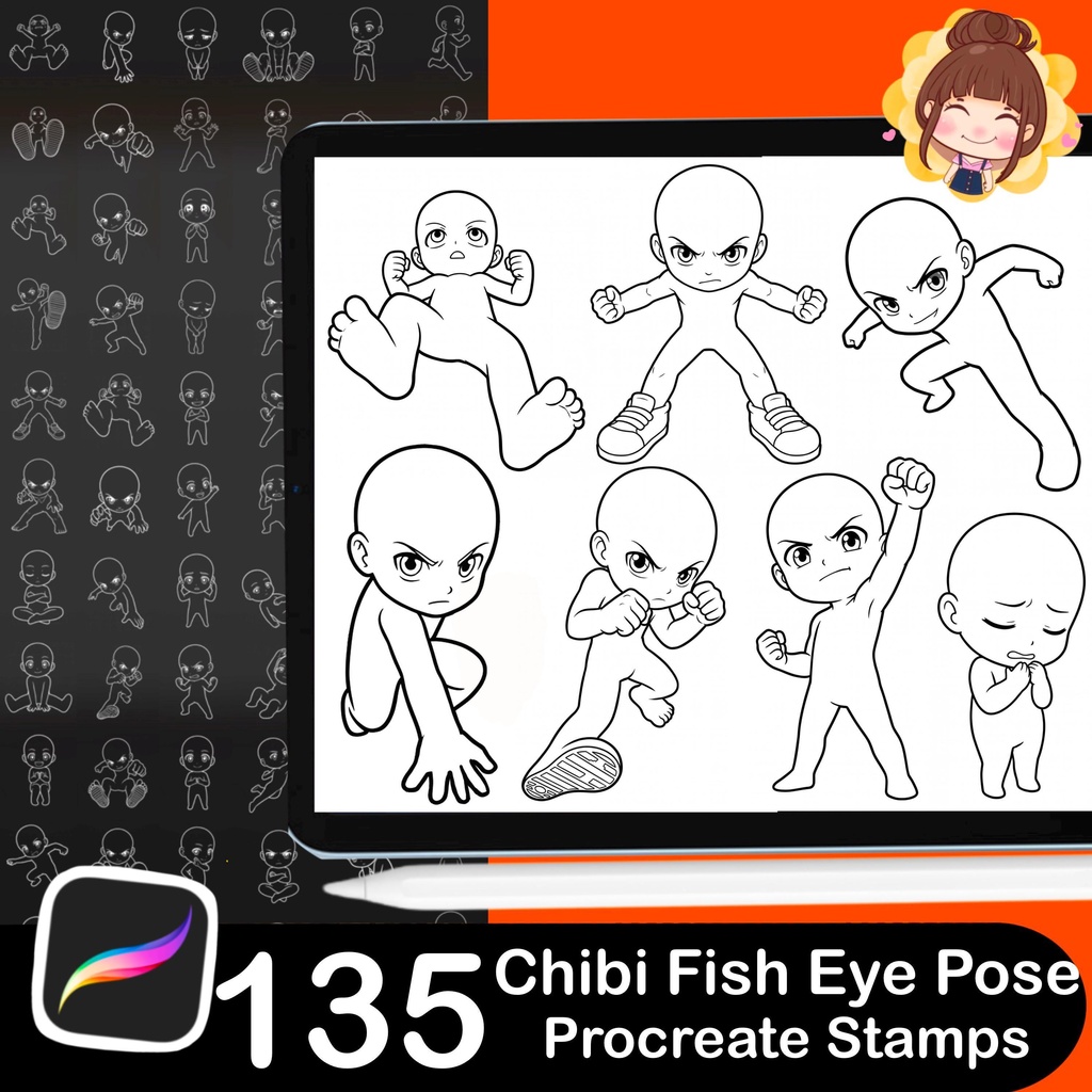 135 Chibi Fish Eye Pose Stamps for Procreate, Manga Anime Drawing Tool