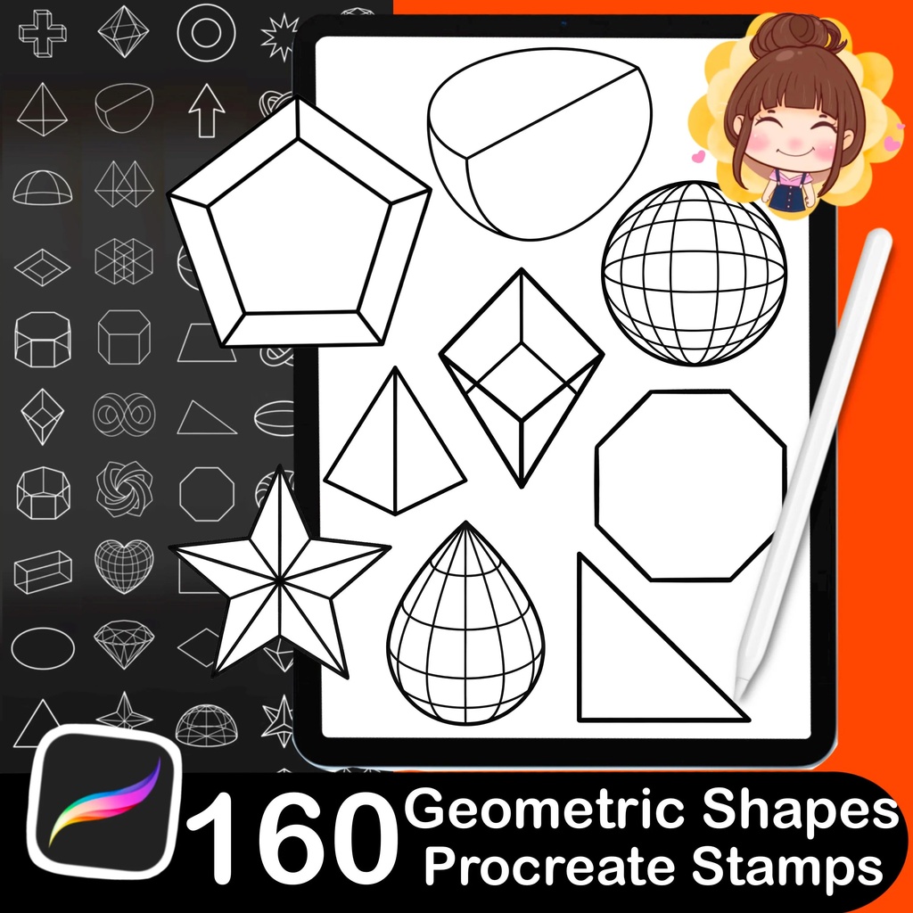 160 Geometric Shapes Procreate Stamps: Digital Brush Set (Digital Download)