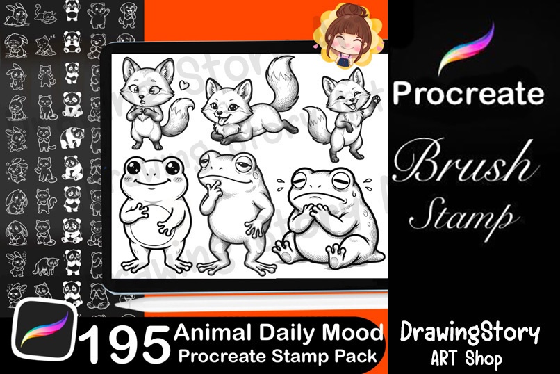 195 Kawaii Animal Mood Stamps, Procreate Daily Journal Icons (Digital Download)