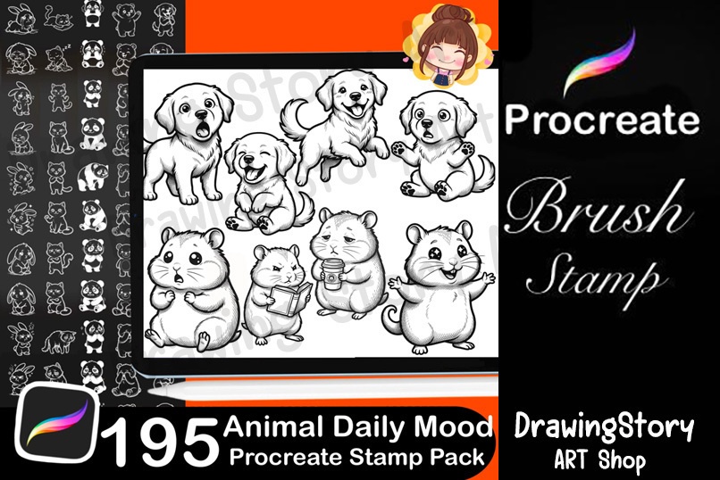 195 Kawaii Animal Mood Stamps, Procreate Daily Journal Icons (Digital Download)