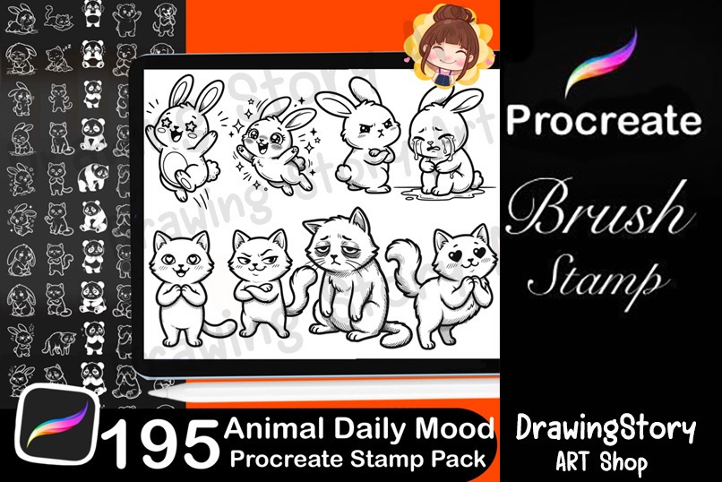 195 Kawaii Animal Mood Stamps, Procreate Daily Journal Icons (Digital Download)
