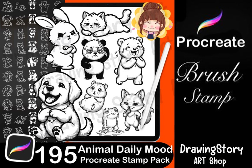 195 Kawaii Animal Mood Stamps, Procreate Daily Journal Icons (Digital Download)