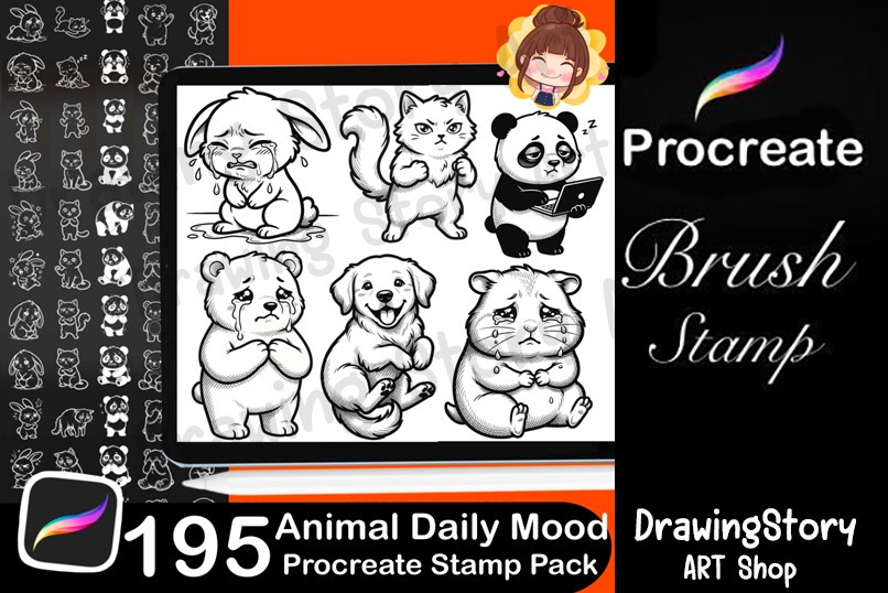 195 Kawaii Animal Mood Stamps, Procreate Daily Journal Icons (Digital Download)
