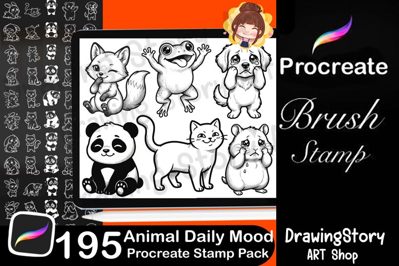 195 Kawaii Animal Mood Stamps, Procreate Daily Journal Icons (Digital Download)