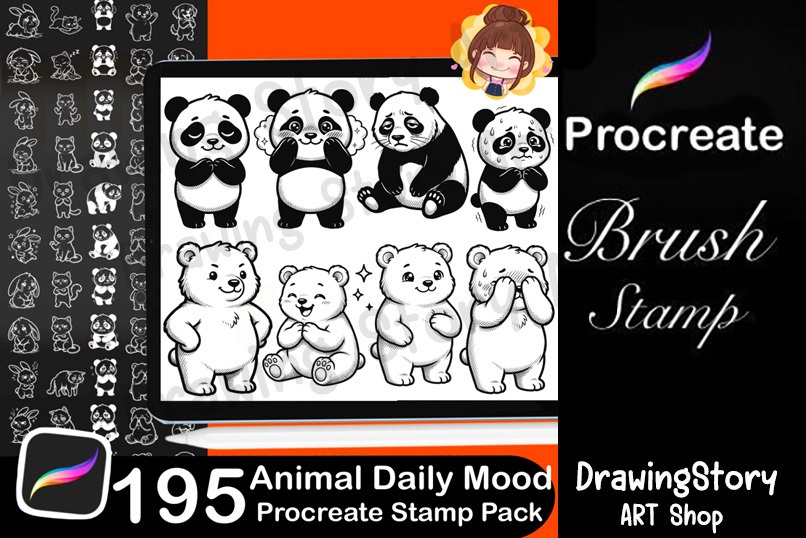 195 Kawaii Animal Mood Stamps, Procreate Daily Journal Icons (Digital Download)