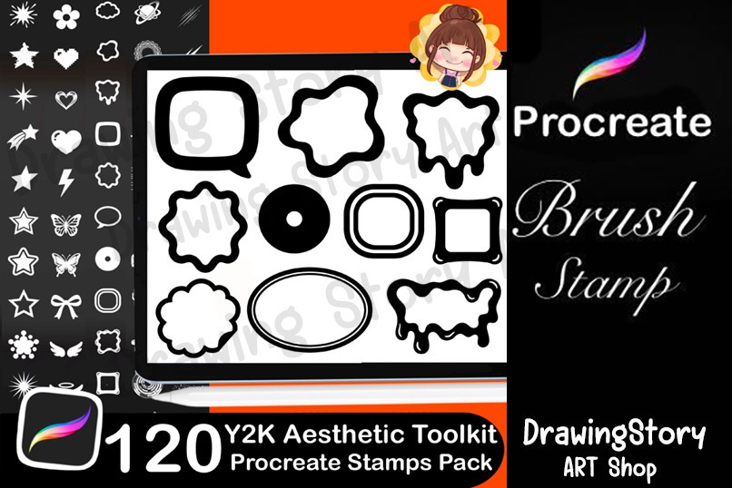 120 Procreate Y2K Shape Stamps – Retro Star, Bubble, Cyber Brushes (Digital Download)