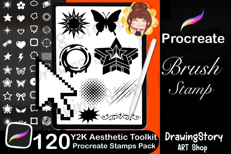 120 Procreate Y2K Shape Stamps – Retro Star, Bubble, Cyber Brushes (Digital Download)