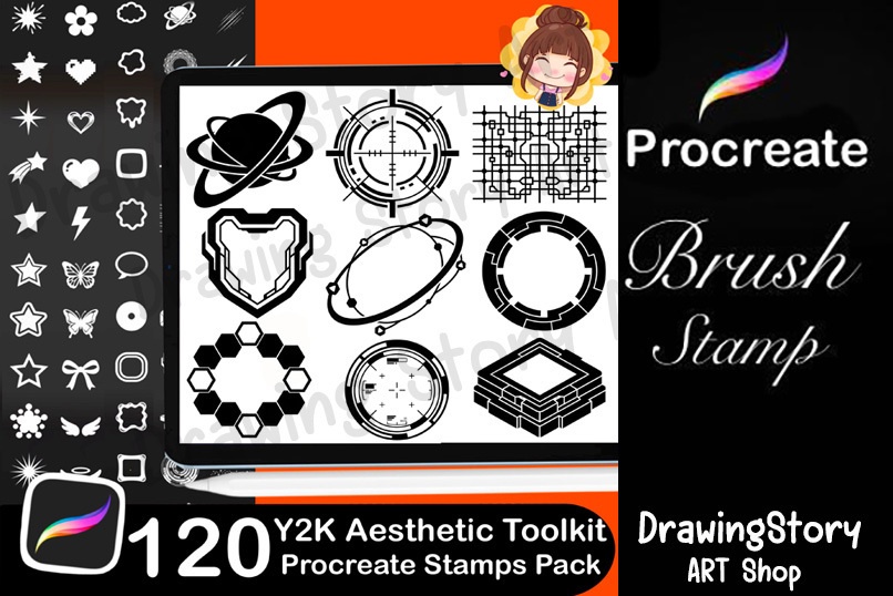 120 Procreate Y2K Shape Stamps – Retro Star, Bubble, Cyber Brushes (Digital Download)