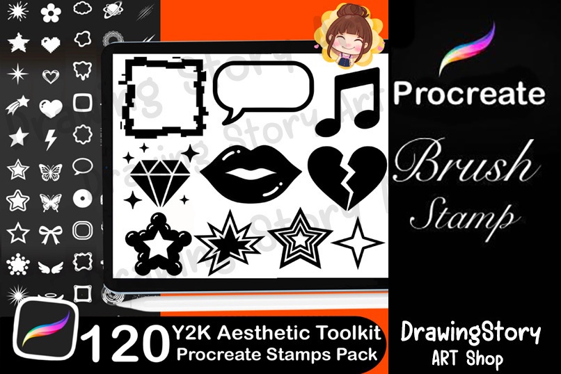 120 Procreate Y2K Shape Stamps – Retro Star, Bubble, Cyber Brushes (Digital Download)