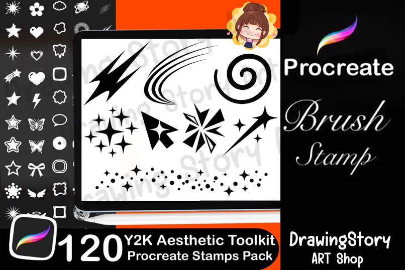 120 Procreate Y2K Shape Stamps – Retro Star, Bubble, Cyber Brushes (Digital Download)
