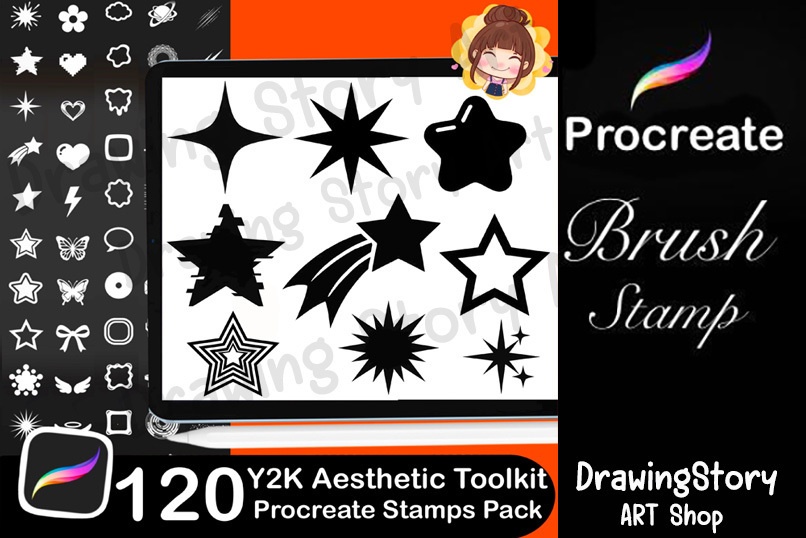 120 Procreate Y2K Shape Stamps – Retro Star, Bubble, Cyber Brushes (Digital Download)