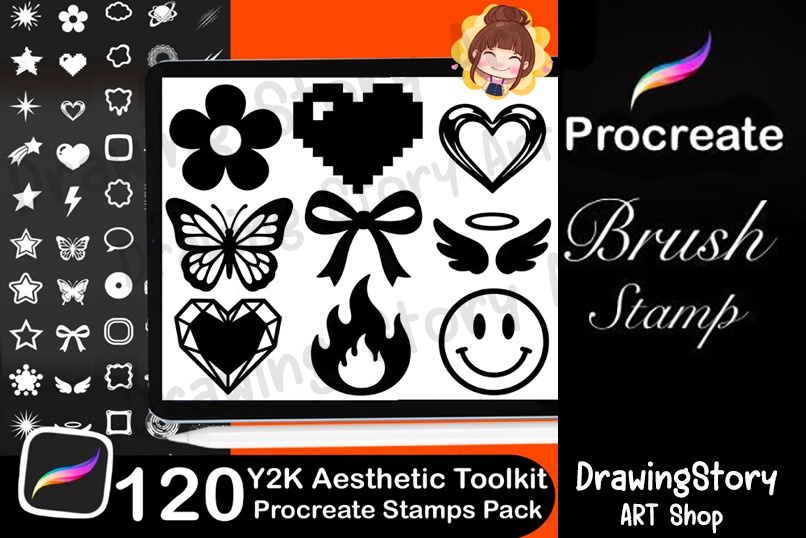 120 Procreate Y2K Shape Stamps – Retro Star, Bubble, Cyber Brushes (Digital Download)