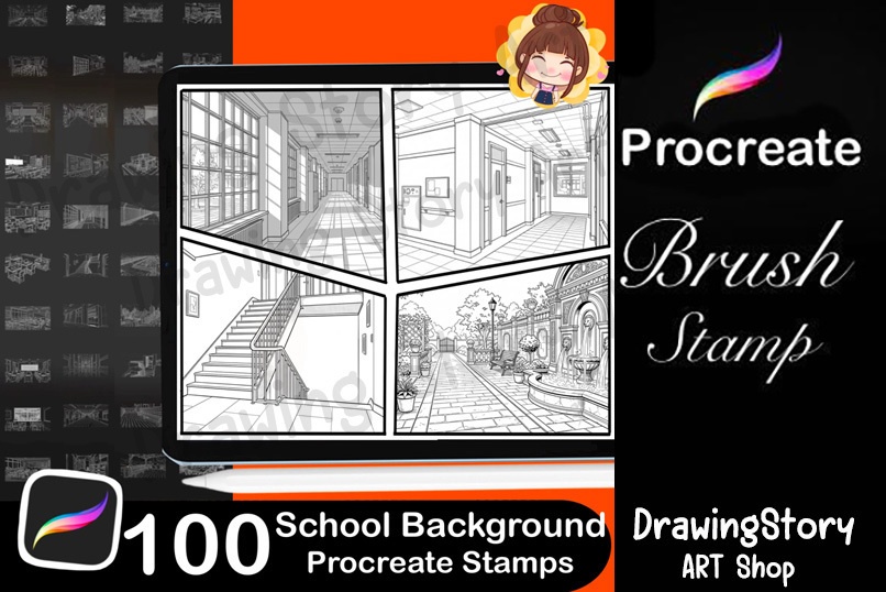 100 School Background Stamp Brushes for Manga & Illustration (学校の背景ブラシ)