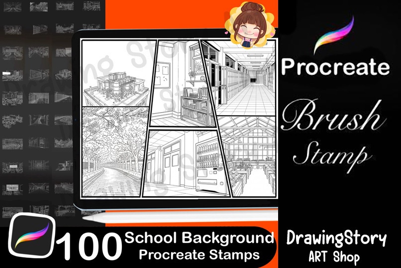 100 School Background Stamp Brushes for Manga & Illustration (学校の背景ブラシ)