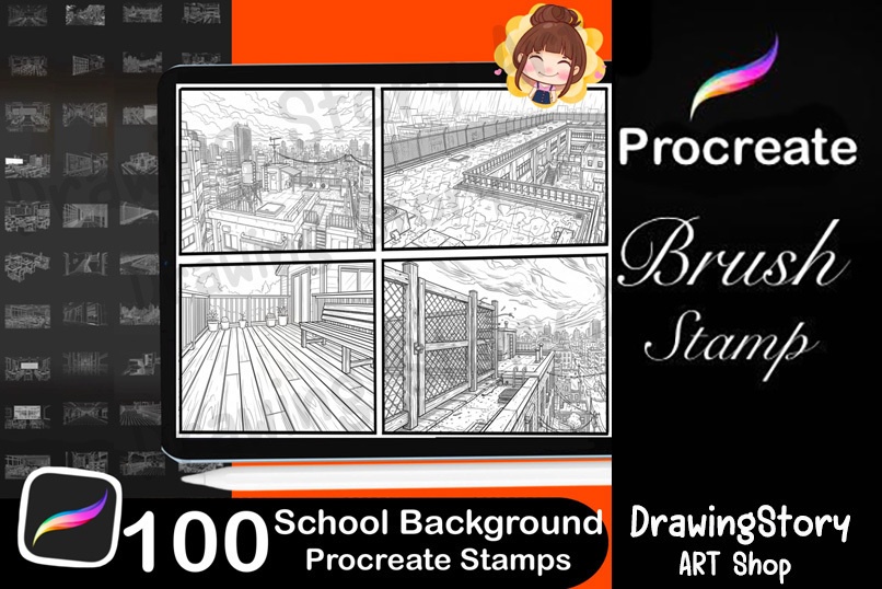 100 School Background Stamp Brushes for Manga & Illustration (学校の背景ブラシ)